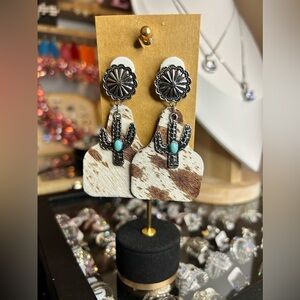 #83 | Hair-On Cow Hide Leather Earrings with Silver Concho Cactus Pendants